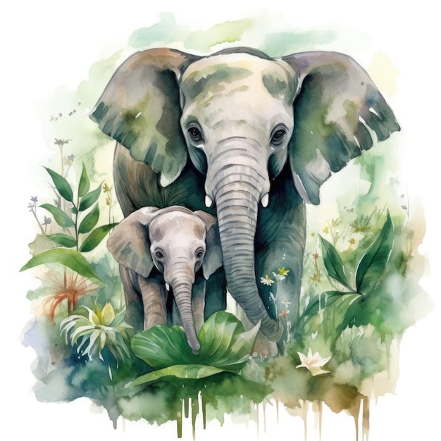 Tender Love Mother and Baby Elephant Embrace in Watercolor Jungle Sanctuary