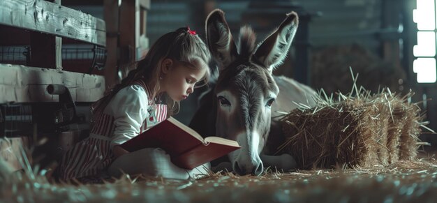Foto un momento tenero mentre una ragazzina legge una storia a un gentile asino in un ambiente rustico