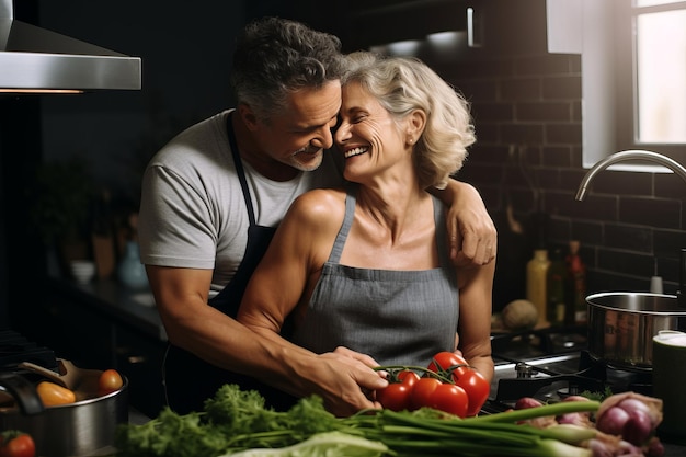 A tender moment an enchanting mature couple embraces while preparing a delightful vegetable salad