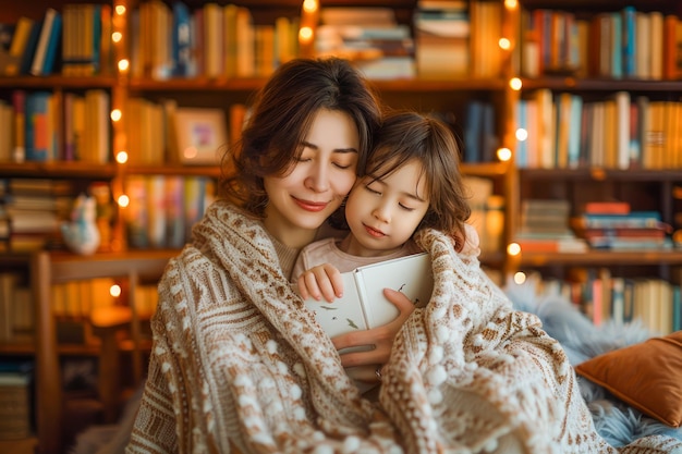 Tender Moment of Mother Embracing Child While Wrapped in Cozy Blanket Amidst Home Library