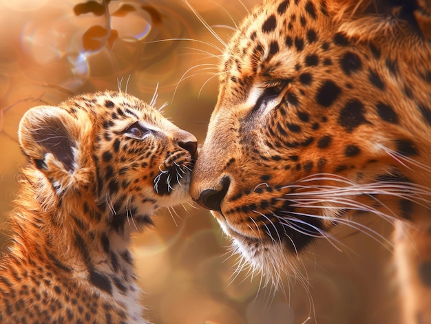 Tender Moment Between Mother Leopard and Her Cub in Golden Light Wildlife Affection Natures