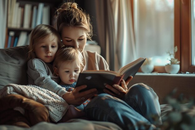 Photo tender moment of a mother reading to her children