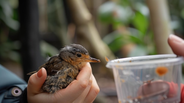 Tender moment of a person handfeeding a small bird