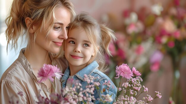분홍색 꽃으로 둘러싸인 웃는 어머니와 딸 사이의 부드러운 순간 어머니의 날 개념