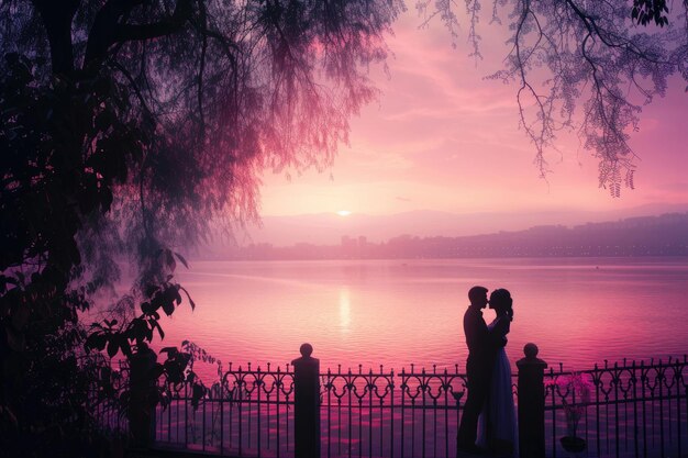 Photo a tender moment under the soft hues of a fading sunset