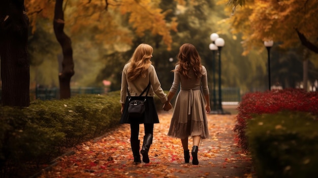 Tender moment between two women holding hands and walking in a par