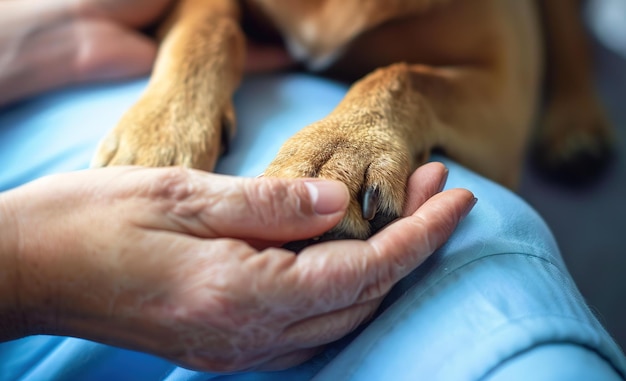 Foto tender moment van zorgzame menselijke handen in paarse handschoenen die een hondenpoot vasthouden die diergeneeskunde en dierenbescherming symboliseert
