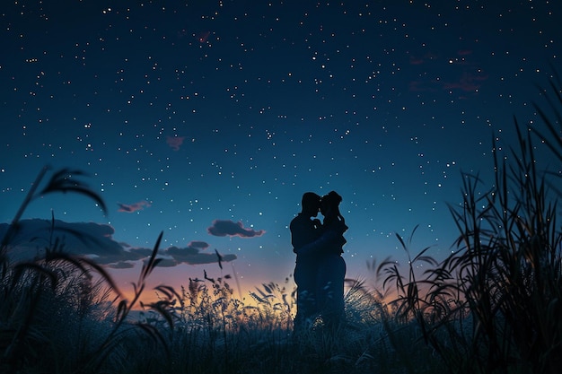 Tender omhelzingen onder een sterrenrijke nachtelijke hemel