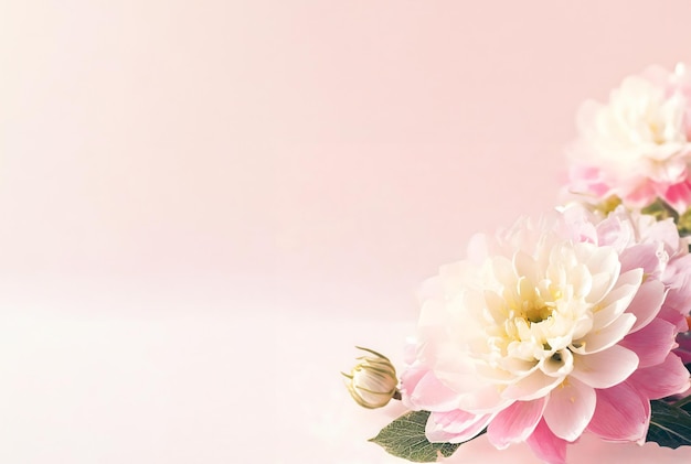 ピンクの背景の柔らかいピオニア テキストスペースの抽象的な自然花のフレームレイアウト