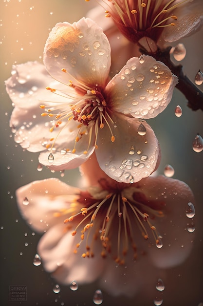 Tender pink sakura flowers with raindrops floral spring background Generative AI 2