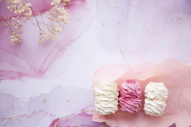 Tender pink and white marshmallow with decoration of gypsophila Feminine card concept Cozy winter weekends Homemade sweets Top view High quality photo