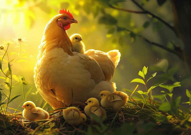 Tender Scene Mother Hen Protecting Her Chicks