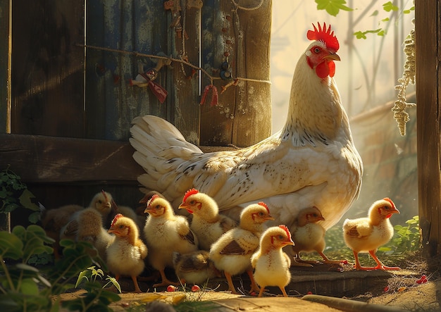 Нежная сцена курица защищает своих птенцов
