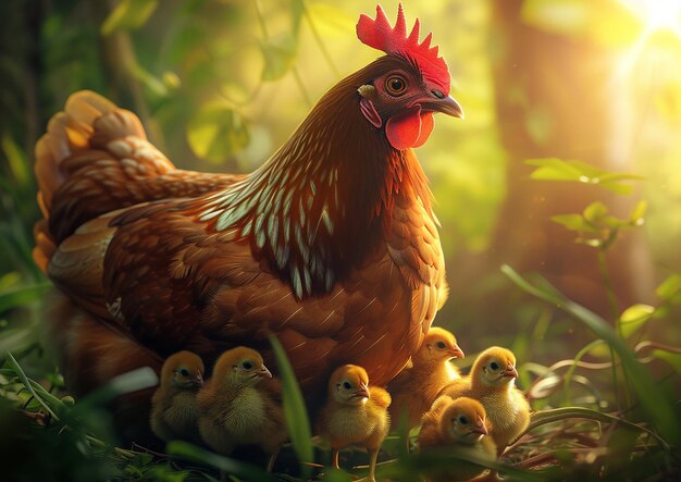 Нежная сцена курица защищает своих птенцов