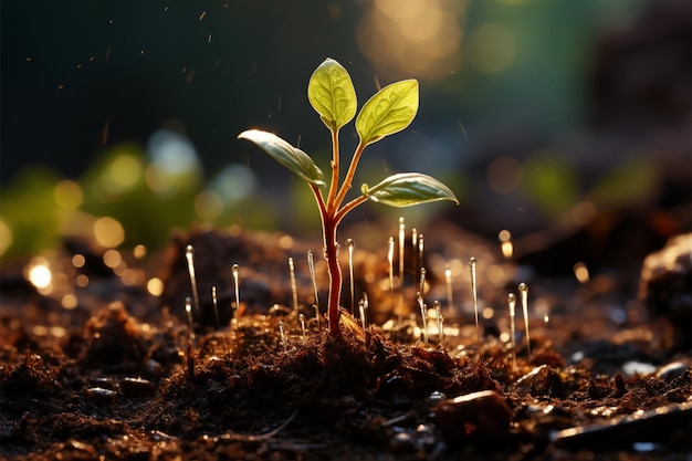 Tender shoot emerges from earth closeup of young life taking root