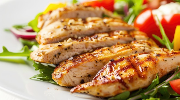 Tender slices of grilled chicken breast served with a colorful salad