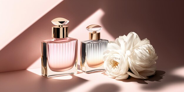 写真 柔らかいスタイリッシュな香水組成ボトルの香水と花のピンクがかったイラスト generative ai