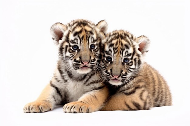 Photo tender tigers cubs snuggling on a white background