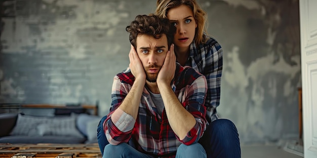 tender woman leaning on back of upset man covering her mouth with hands while sitting with bowed head