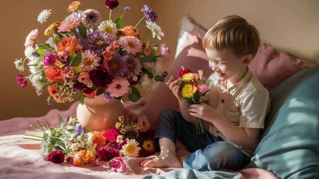 ベッドに座っている花を持った優しさの少年