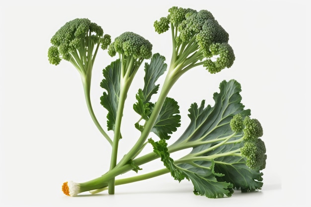 Tenderstem broccoli cooked and presented in a group against a white background