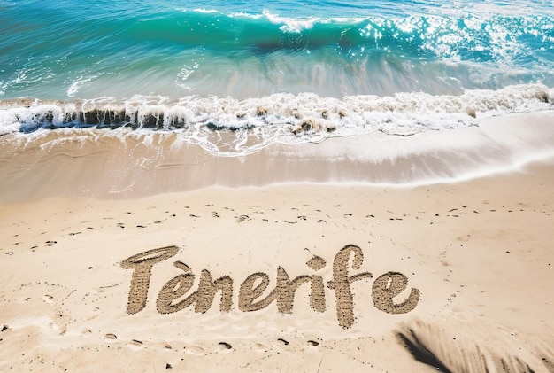 Tenerife, Spanje geschreven in het zand op een strand Spaans toerisme en vakantie achtergrond