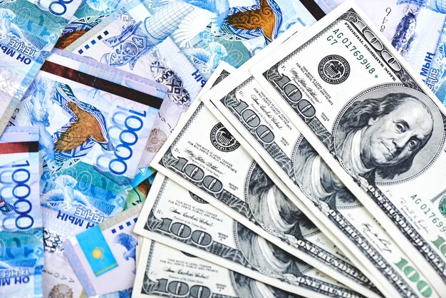 Tenge. Kazakh money and dollars. Background of the money.