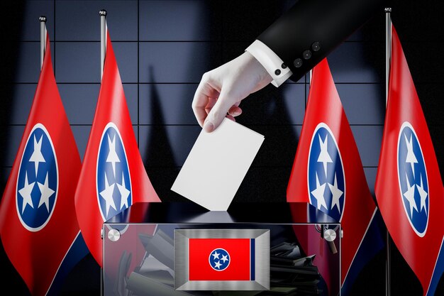 Tennessee flags hand dropping ballot card into a box voting election concept 3d illustration