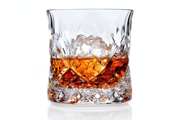 Tennessee whiskey with ice in drinkware on white tableware background