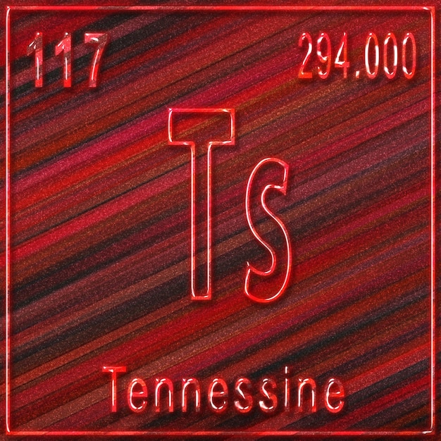 Photo tennessine chemical element sign with atomic number and atomic weight