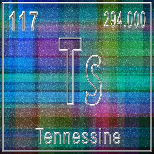 Photo tennessine chemical element sign with atomic number and atomic weight