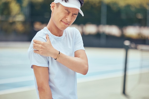 Tennis arm man and pain on the court while playing competitive and intense game workout outside Inflammation accident and injury at sports training practice with asian athlete holding muscle