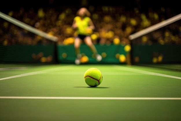 Теннисный мяч, прыгающий на корте с игроком на инвалидной коляске на заднем плане