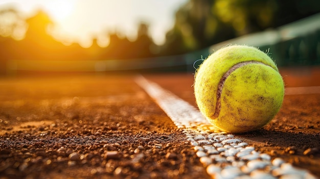 Photo tennis ball on clay court at sunset