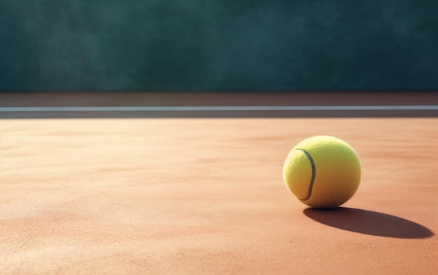 A tennis ball on a clay court with a chalkboard behind it.