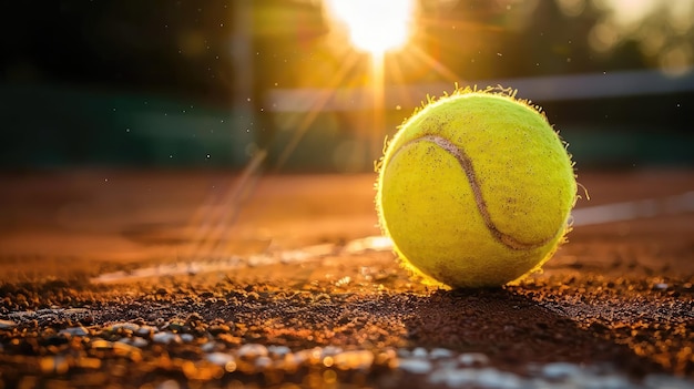 Photo tennis ball on clay court with sun rays