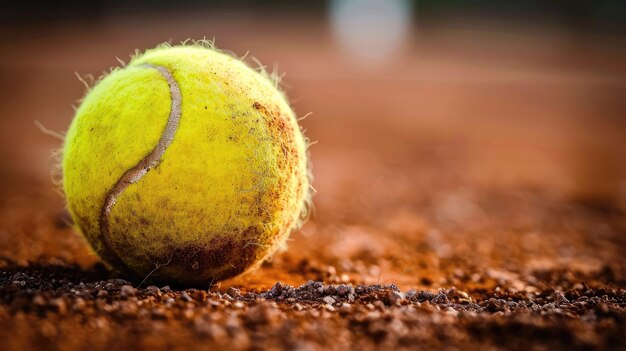 Photo tennis ball on clay court with visible texture