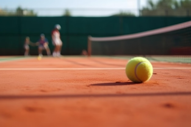 Il primo piano della pallina da tennis si trova su un campo da tennis in terra battuta con spazio per le copie