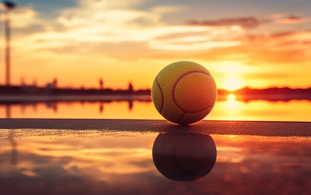 Теннисный мяч на корте во время захода солнца