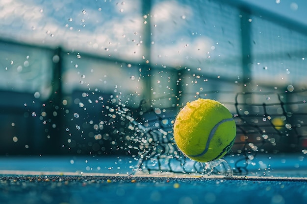 Tennis ball floating in water on a tennis court creating a surreal and unexpected scene