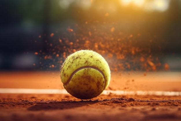 Tennis Ball in Motion on Clay Court with Bokeh Background AI
