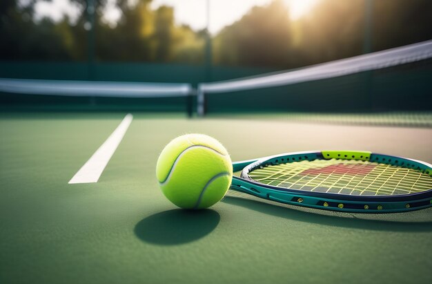 Tennis ball and racket on hard court under sunlight