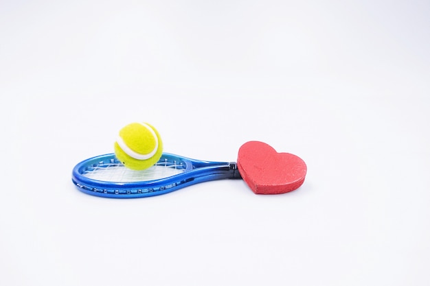 Tennis ball and racket is on white background with love