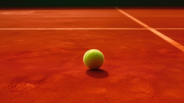 A tennis ball on a red court