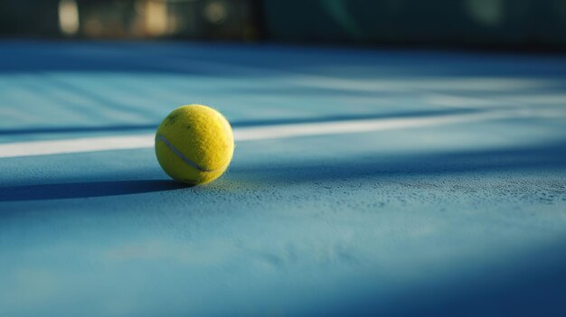 Tennis ball rests on blue tennis court