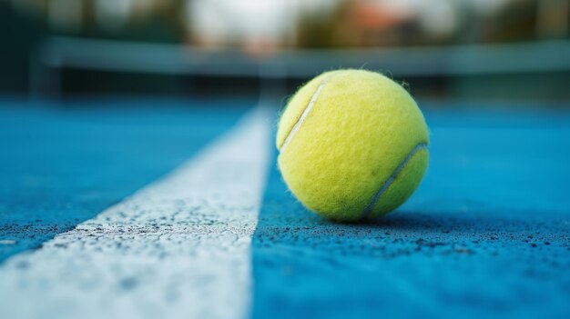 Tennis ball rests on blue tennis court