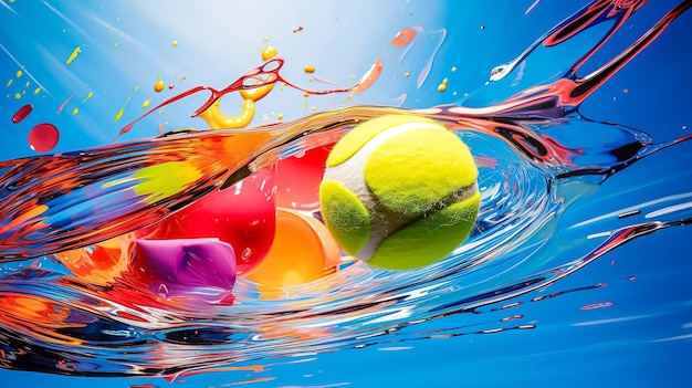 スプラッシュカラーの水彩画のテニスボール