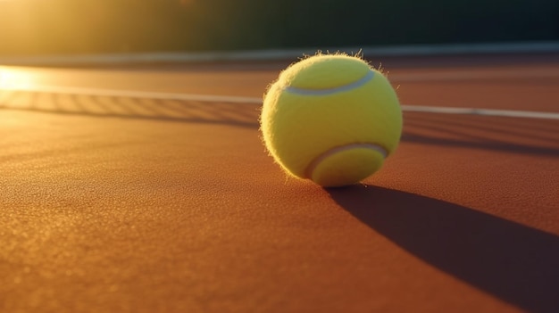 A tennis ball on a tennis court with the sun shining on it.