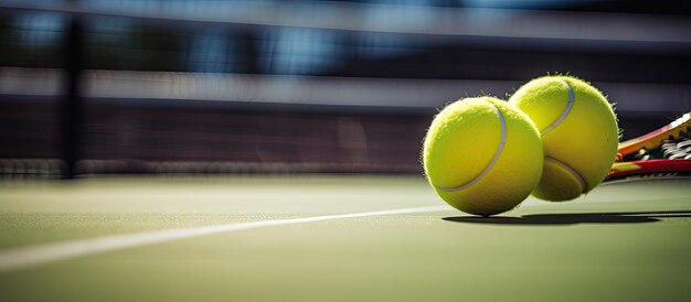 Foto palla da tennis e racchetta da tennis catturate da vicino con una rete sullo sfondo in una giornata di sole a