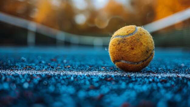 Photo tennis ball on top of tennis court generative ai